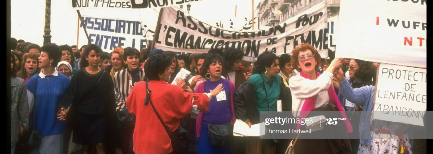 Banner holding feminists calling for democracy & repeal of family law protesting during Women's Day march.  (Photo by Thomas Hartwell/The LIFE Images Collection via Getty Images/Getty Images)